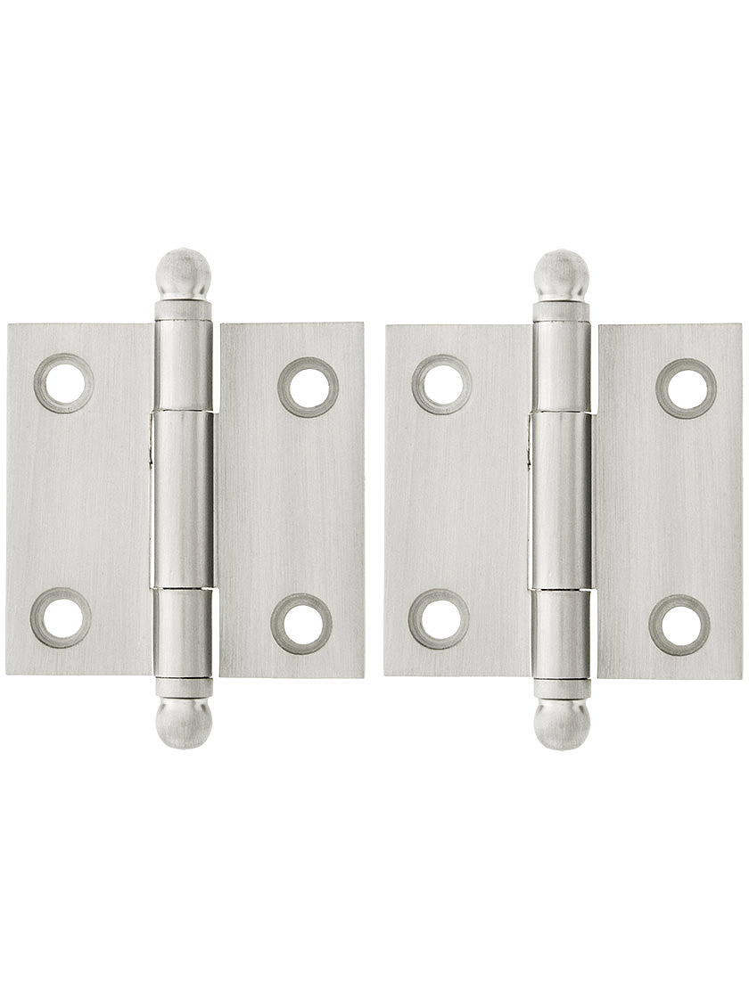Pair of Solid Brass Ball-Tip Cabinet Hinges - 1 1/2 inch x 1 1/2 inch in Polished Nickel.